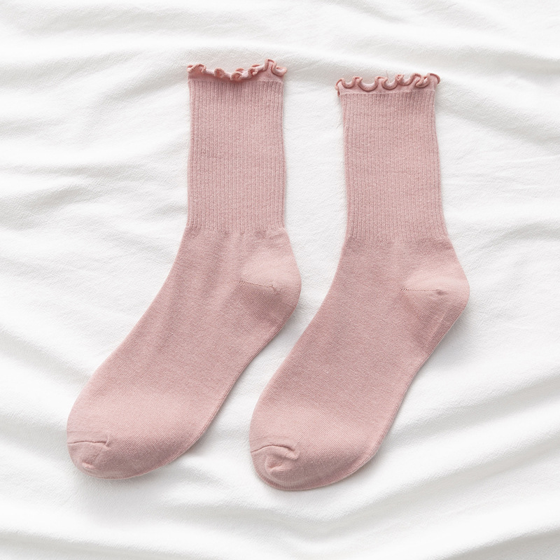 White Socks Women Kawaii Cute Frilly Ruffle Socks Summer Cotton Breathable Korean Japanese Candy Color Crew Socks Female: Pink