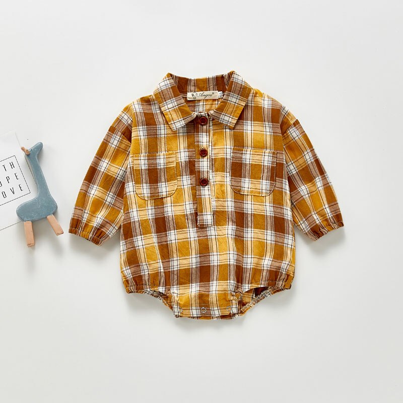 Mudipanda lente jongens jongenskleding geruite bodysuit met lange mouwen baby jongenspak: Geel / 3-6m