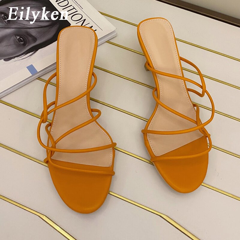 Eilyken Brand Women Slipper Cross Strap Casual Outdoor Sandal Ladies Thin High Heels Slides Sandal: Orange / 37