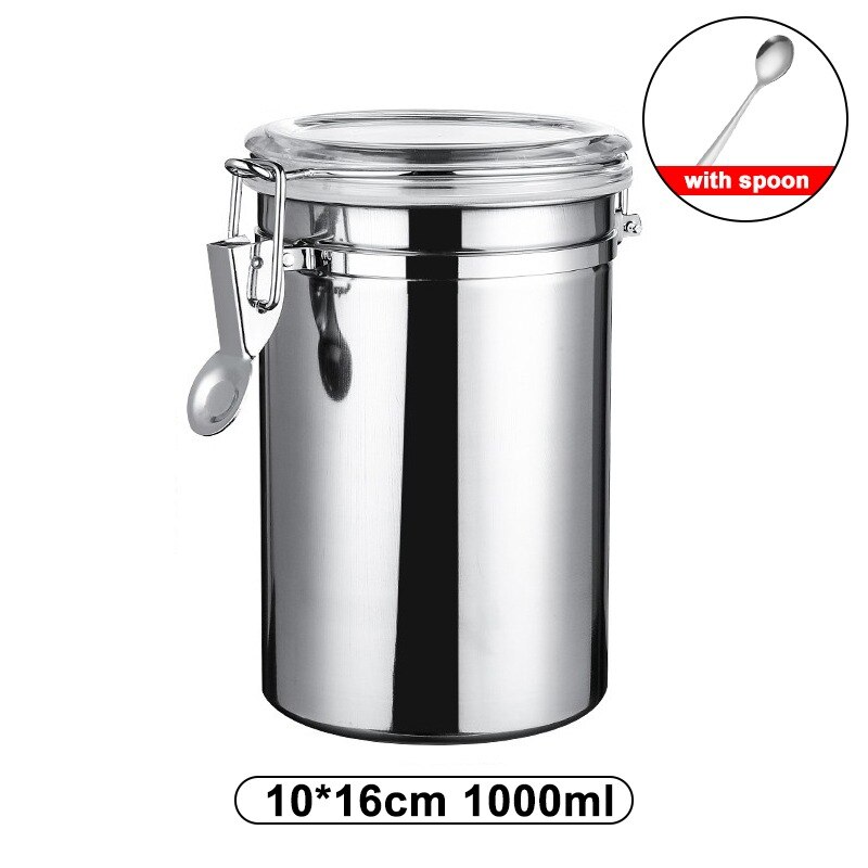 Stainless Steel Coffee Canister With Scoop Airtight Coffee Container Stainless Steel Storage Canister Set For Coffee Beans Tea: C-1000ml-with spoon