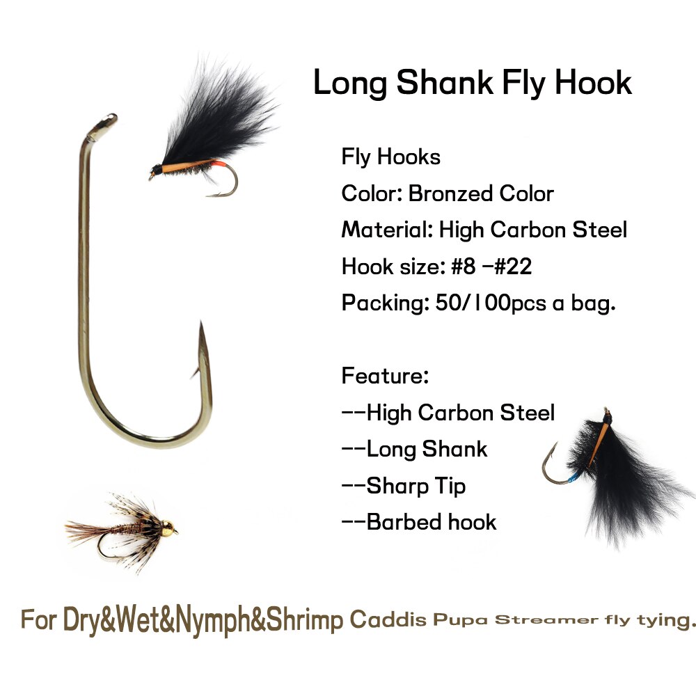 WIFREO 50/100 pièces hameçons de pêche à la mouche à longue tige sec, humide, nymphe et crevettes Caddis Pupa Streamer hameçon mouche attachant hameçon