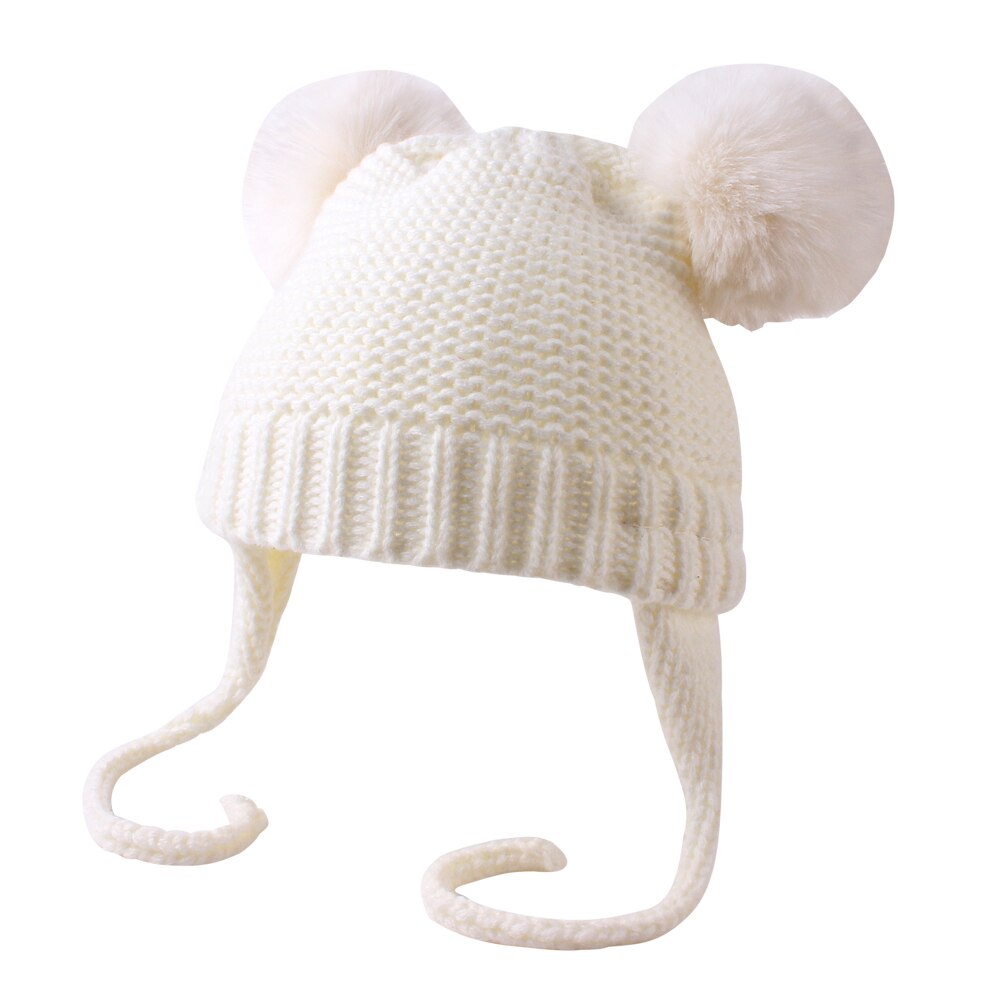 ¡Novedad de ! Accesorios para bebés, gorros de lana tejidos con cinta, gorros cálidos para el invierno para niños y niñas, gorros de lana tejidos con bola peluda: Blanco