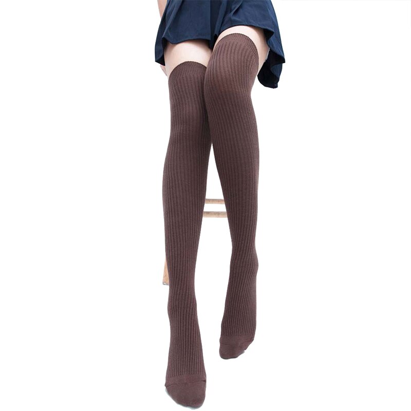 1Pair Women Girls Over Knee High Thigh Stockings Elastic Striped Knitted Long Comforable Spring Autumn Winter Warm Hosiery: Coffee