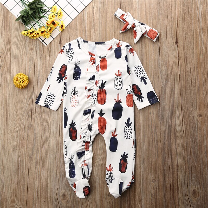 Baby Lente Herfst Kleding 0-18M Pasgeboren Meisjes Jongen Rompertjes Katoen Lange Mouw Jumpsuit Outfit Kleding Hoofdband Voor kids Baby