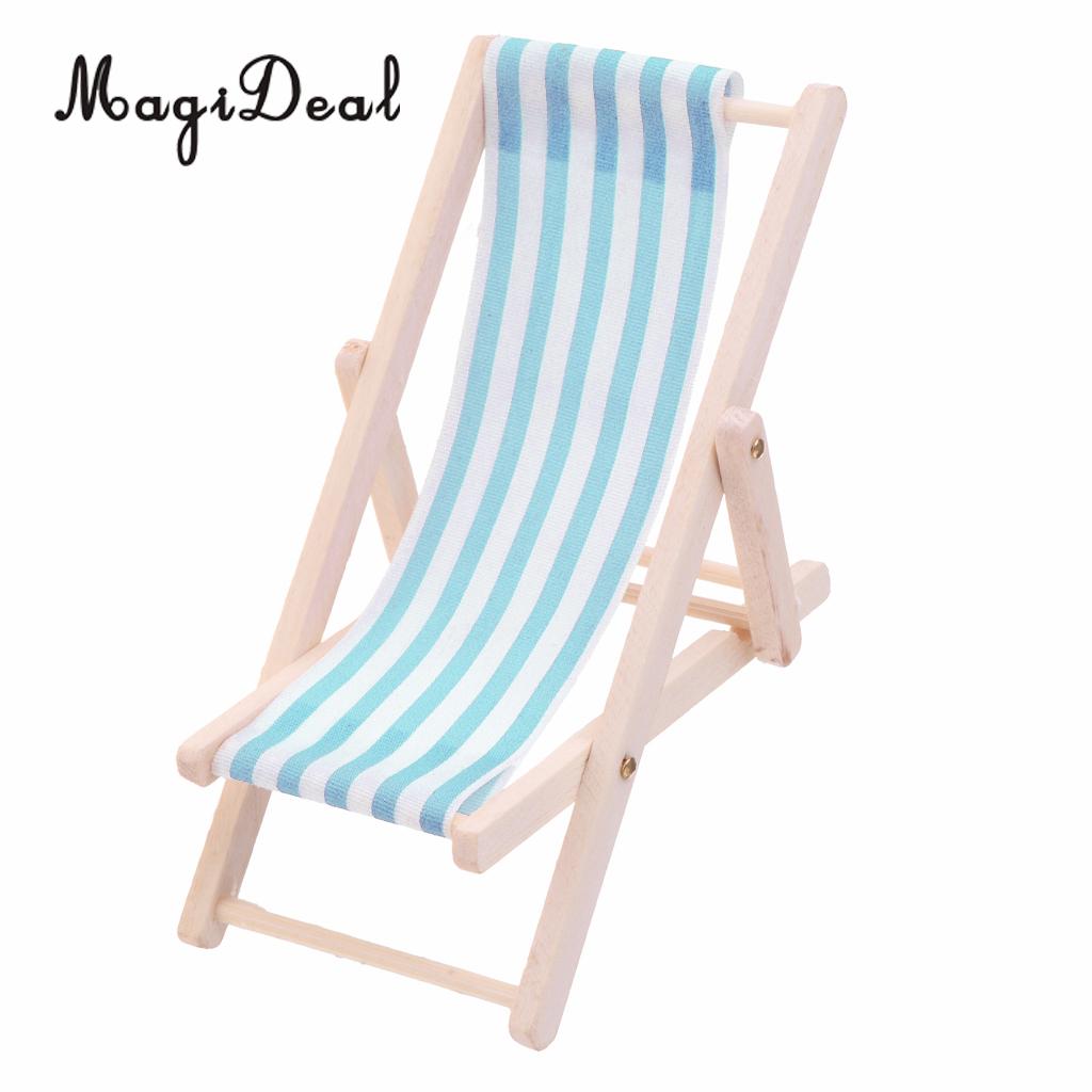 Striped Wooden Beach Garden Lounge Chair Deckchair for 1/12 Dollhouse Miniature Furniture Acc Children Toys