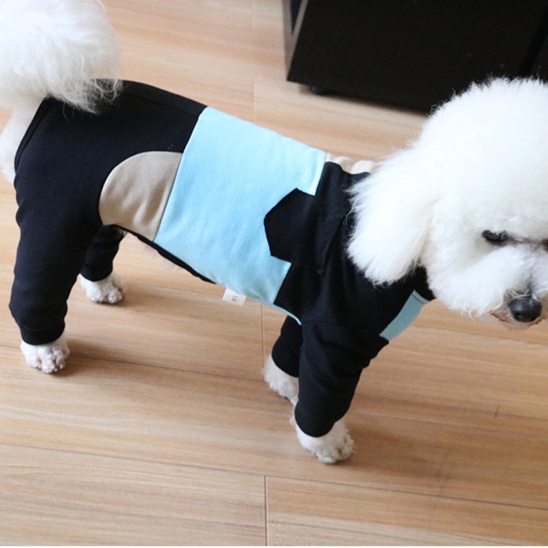 Kæledyr hund jumpsuit tynd bomuld hvalpetøj blå sort splejsning overalls langærmet pyjamas til små hunde puddel sweatshirt