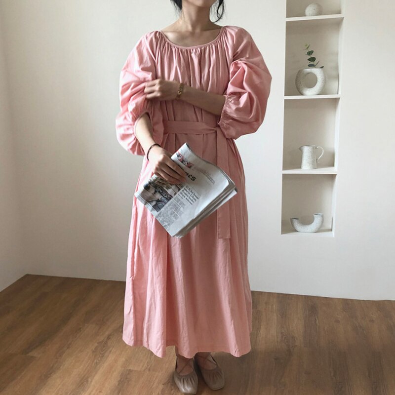 Superaen estilo coreano outono sólido o pescoço plissado laço-up cintura abraçando-bolso tornozelo comprimento longo lanterna manga vestido feminino
