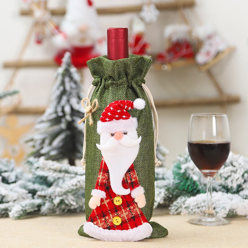 Jul vin flaska täcka väska tomte tecknad kjol docka säckväv vin flaska täcka jultillbehör
