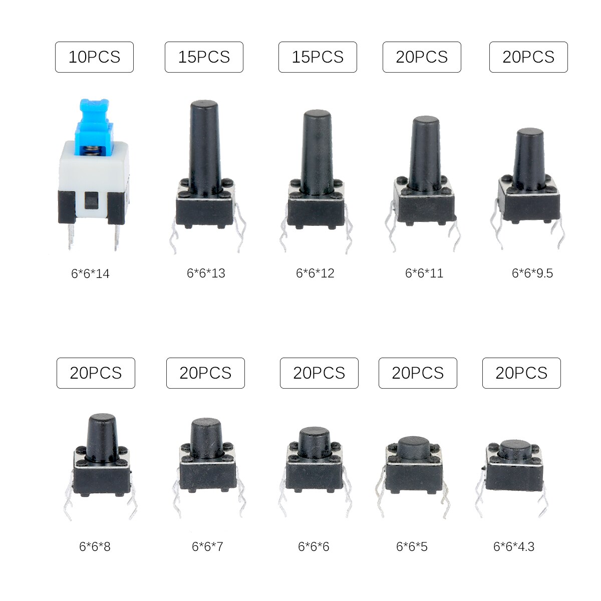 180PCS Tactile Push Button Switch Micro Momentary Tact Assortment Kit 10 Value 6 x 6mm 4 Pin Micro Switches