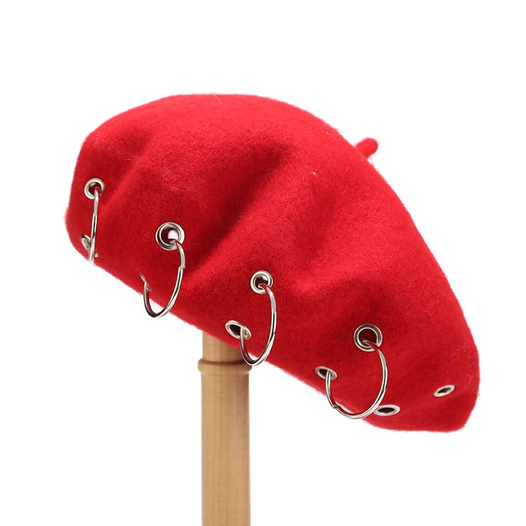 Ijzeren Ringen Harajuku Baretten Vrouwen Mooie Vintage Punk Rock Stijl Ijzeren Ringen Baret Caps Retro Wol Hoeden Wollen Schilder Baret # PP2: Red 