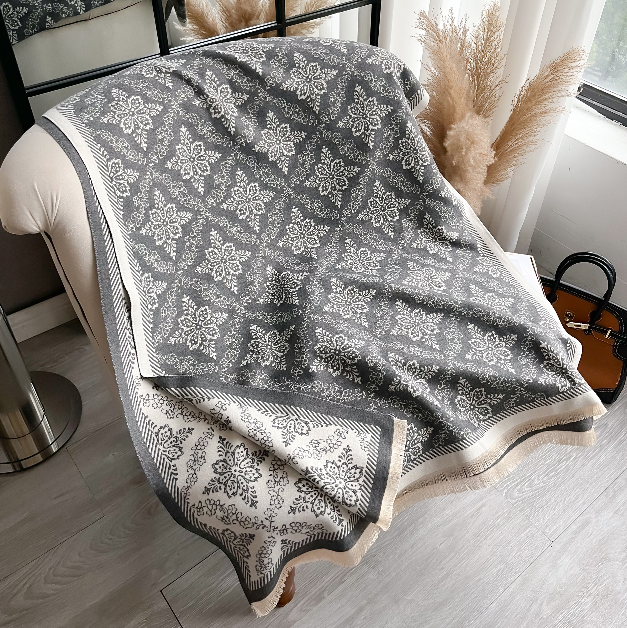 Marca de luxo dupla face estilo étnico cachecol pashmina cashmere macio quente franja pashmina xale inverno à prova de frio cobertor à prova de vento: CINZA