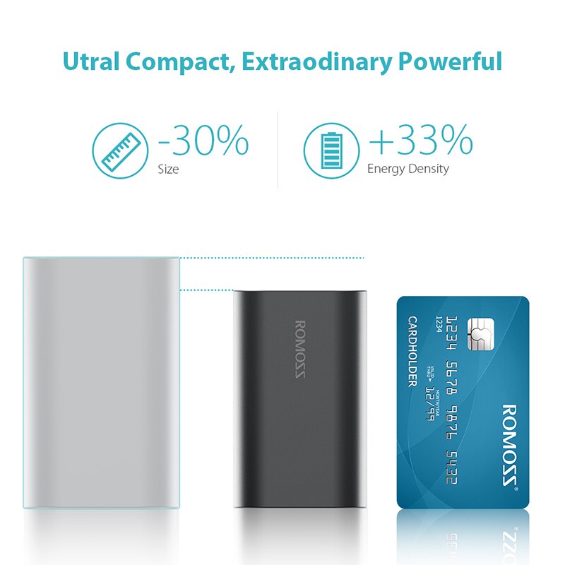 ROMOSS ACE10 10000mAh mini banco de energía de aleación de aluminio, paquete de batería externa con 2 puertos de entrada y salida USB Dual de 5V/2.1A