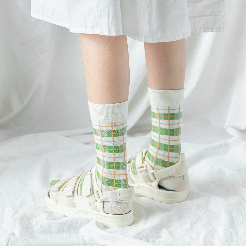 CHAOZHU fresco verde 5 Patrones de celosía olas pequeñas Matcha Primavera Verano skate mujer chica calcetines de de mujer Casual