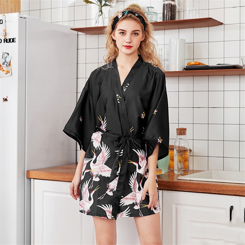 Dames losse pyjama haori satijnen kraan kimono jurk print v-hals nachtkleding jurk nacht traditionele japanse stijl yukata gewaad
