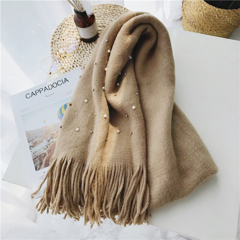 Bufanda tejida cálida de invierno para mujer de de Luna y Delfín, bufandas suaves con cuentas de perlas y perlas, bufanda de lana con borlas, manta Pashmina grande