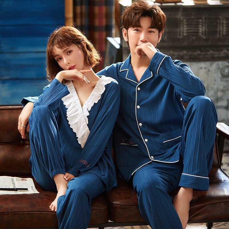 Pijama de algodón para parejas, primavera y otoño, estilo coreano, cuello de solapa, cómodo, de dos piezas, para hombre