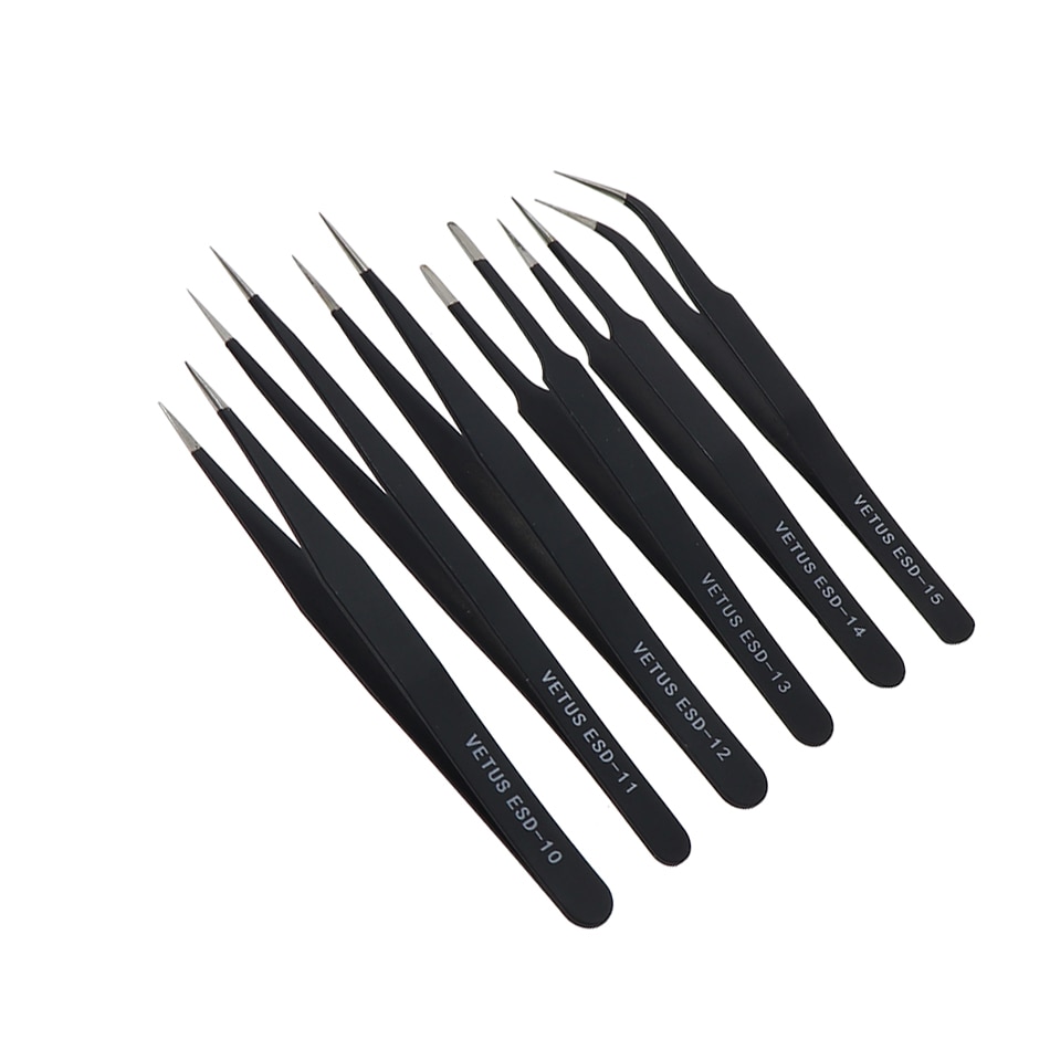 VETUS ESD Stainless Tweezers Tool Set High Precision Tip Curved Straight Antistatic Tweezer Multifunction Nipper Repair Tool