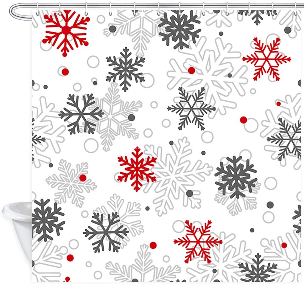 Julduschdraperi stora och små snöflingor röda och grå på vitt polyestertyg badrumsdraperier med krokar