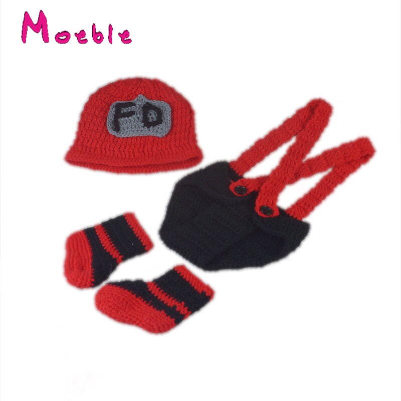 Red Mix Black Baby Firefighter Costume Crochet Baby Fireman Outfits For Photo Infant Baby Boys Crochet Photo Props MZS-16080: Default Title