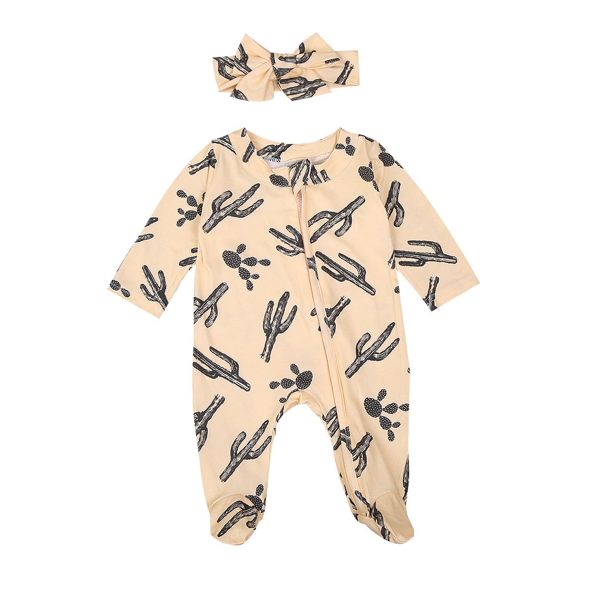 Roupas para bebê recém-nascido de 0 a 6m, menino, menina, manga longa, outono, inverno, macacão infantil, estampa de cabeça, roupa de dormir: Bege / 6 m