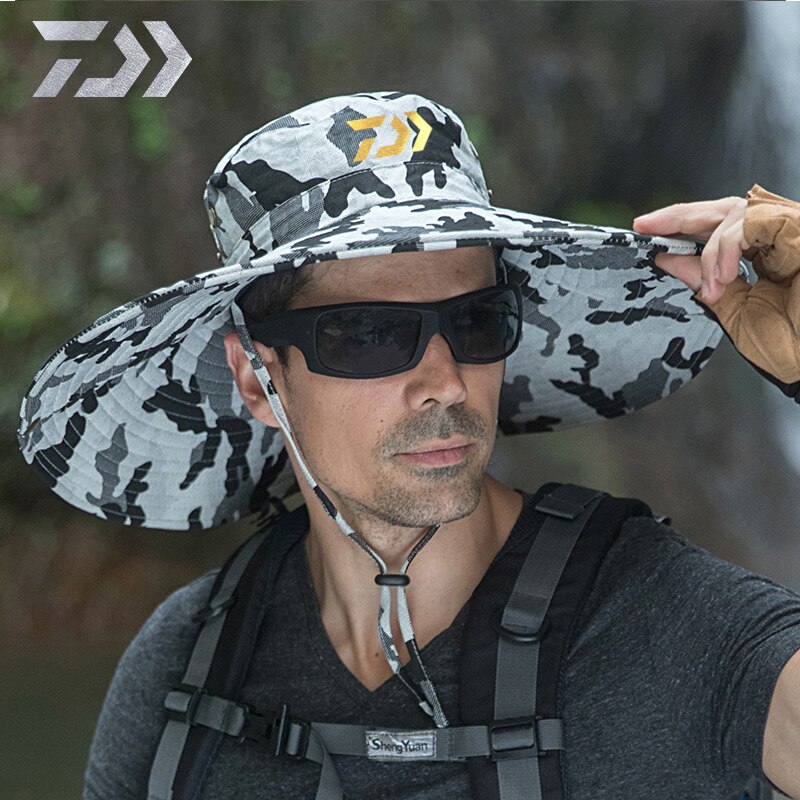Daiwa mænds camouflage fiskeri hat sommer justerbar solbeskyttelse sol hat stor randen sol hat turist fiskeri hat