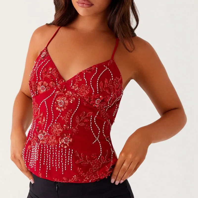 Sequin Beaded Crop Tops Coquette Multi-layers Sleeveless Camis Sparkly Glitter Tank Top Women Y2k Fiary Going Out Vest