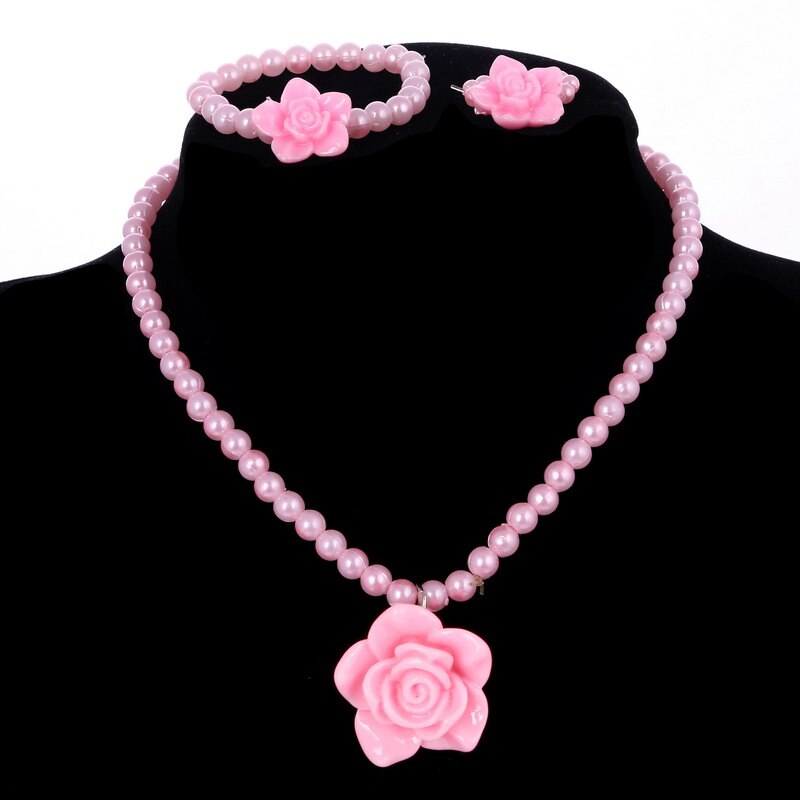 Ensemble de bijoux pour enfants, perle imitation perlée, meilleur bébé Rose fille, fleur Rose, collier, Bracelet, bague
