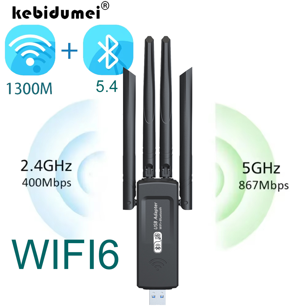 1300 Mbit/s WiFi-USB-Adapter WiFi6 Bluetooth 5.4 Dualband-Netzwerkkarte 2,4 G + 5,8 GHz 4 Antennen USB-Funkempfänger für PC/Laptop