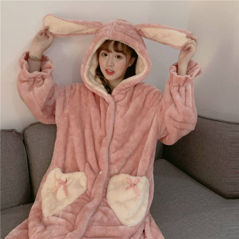 Túnicas de franela con capucha para mujer, ropa cálida y suave con bolsillos en forma de corazón, color rosa, de terciopelo, gruesa, Kawaii, para el hogar, estudiantes de estilo coreano diario: pink / XL
