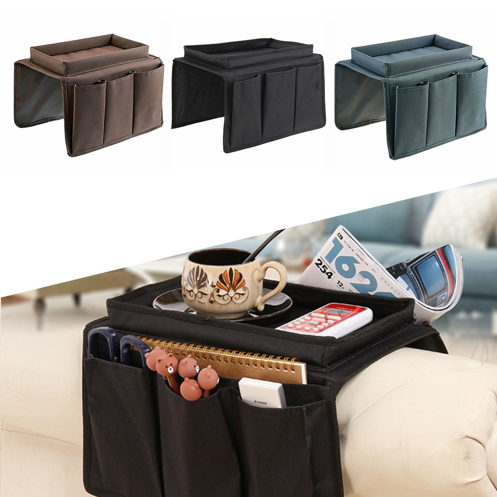 Sofa armlæn arrangør med 4 lommer og kopholder bakke sofa lænestol hængende opbevaringspose til tv fjernbetjening mobiltelefon