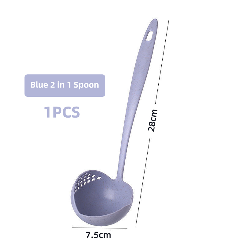Obelix 2 in 1 Wheat Straw Soup Spoon Long Handle Porridge Spoons Meal Filter Tableware Home Cooking Tools Kitchen Accessories: Blue-1PCS-A