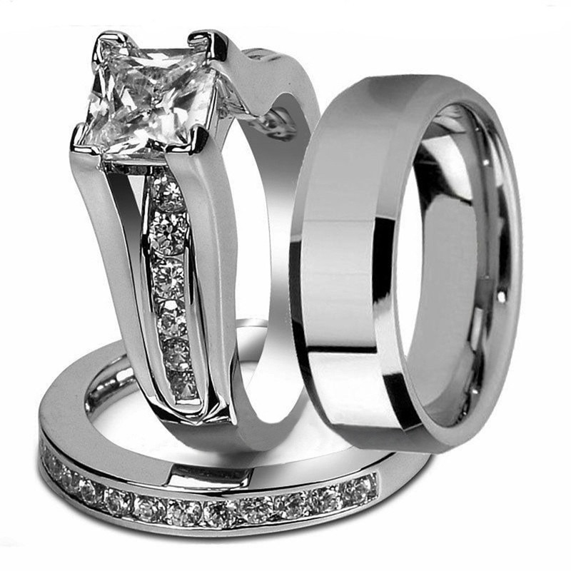 Princess Cut Zirconia Paar Ringen Rvs Wedding Ring Set voor Mannen en Vrouwen