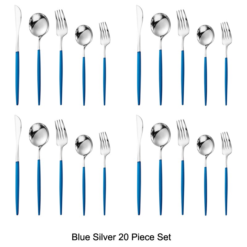 20 pièces or noir ensemble de couverts ensemble de vaisselle 18/10 acier inoxydable couteau Dessert fourchette cuillère vaisselle argenterie directe: Blue Silver