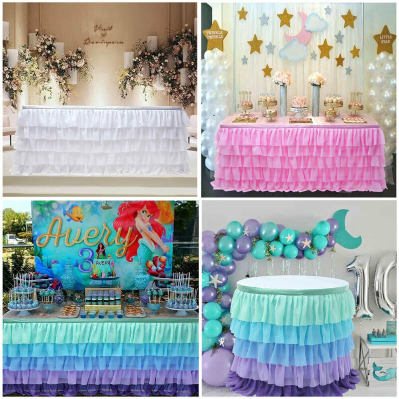 Faroot White Tulle Ruffled Table Skirt Decoration for Rectangle Round Table 5-layer Table Skirting Birthday Party