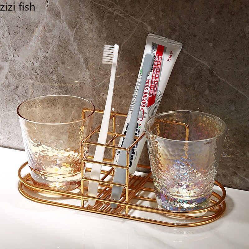 Conjunto de vasos de lavado de pared/escritorio soporte para vaso de baño de Metal suministros de vidrio enjuague bucal taza cepillo de dientes pasta de dientes estante de almacenamiento colgante de pared