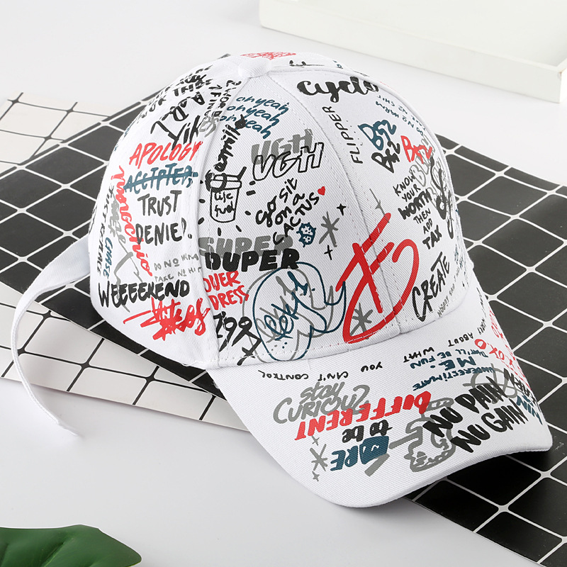Sleckton 100%  bomulds graffiti baseball kasket til mænd og kvinder hatte unisex afslappet hip hop snapback hat spidse kasketter sommer: Gu-hvid