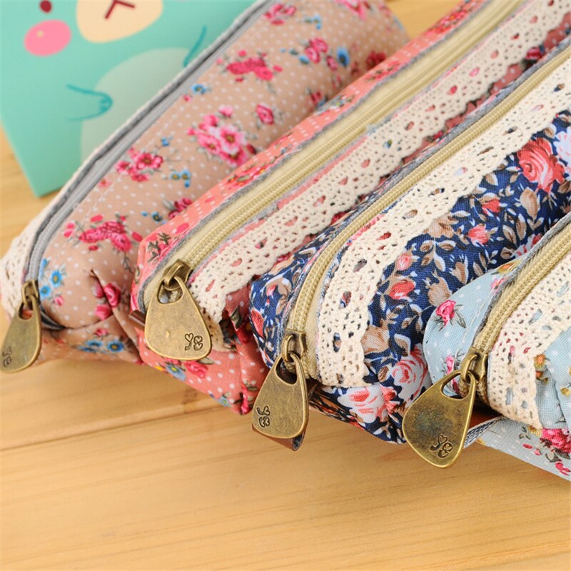 Mini Retro Flower Floral Lace Pencil Case, Pencil Bag School Supplies Cosmetic Makeup Bag Zipper Pouch Purse, Estojo Escolar