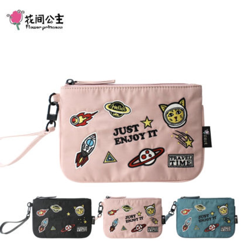 Flower Princess Animal Print Women Wallets Embroidery Nylon Vintage Handy Wrist Bag Zipper Teenager Girl Coin Female Handbags