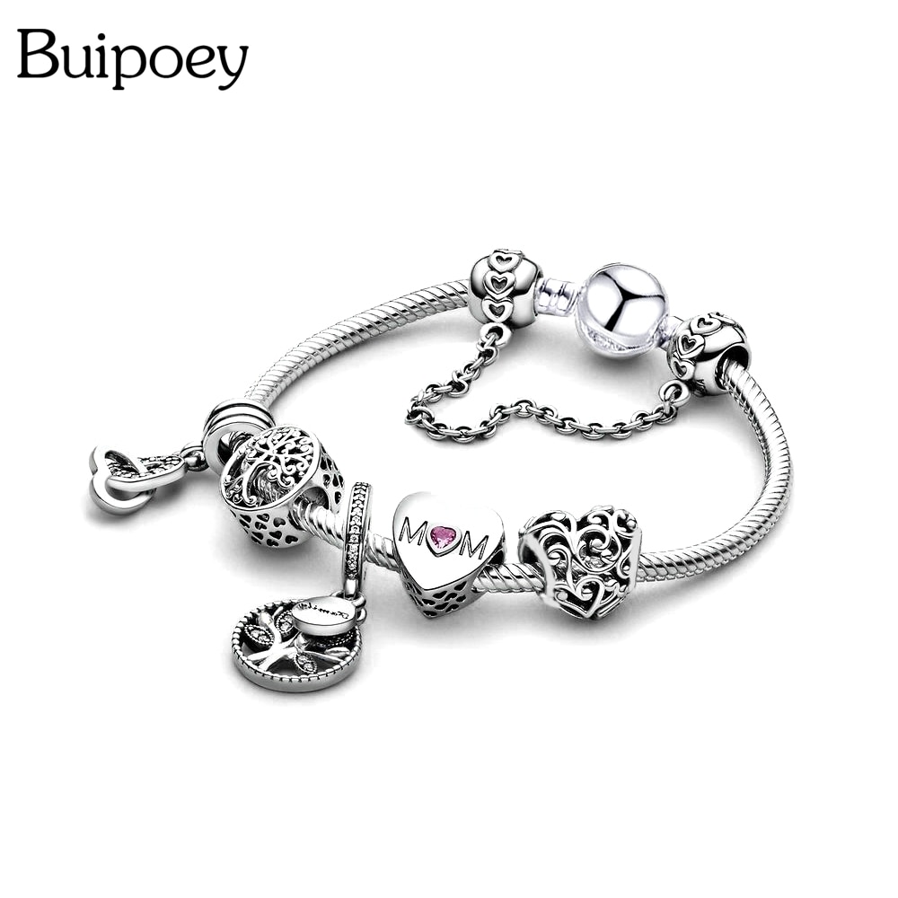 Buipoey sølv farve livets træ charme armbånd til kvinder piger originale mor hjerte beaded skinnende armbånd & armbånd
