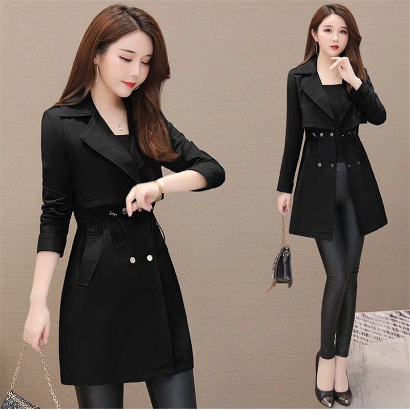 Mid-length Women's Trench Coat Suit Collar Korean Long Sleeve Drawstring Windbreaker Female Outwear Pink H131