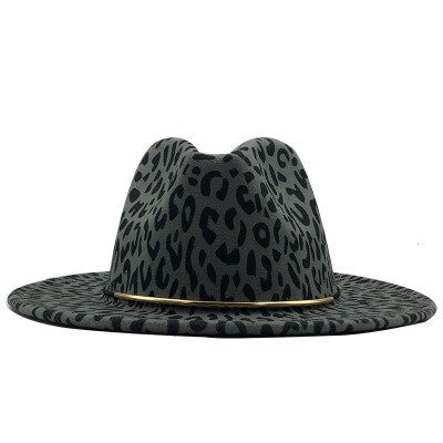 Kvinder jazz hat leopard print fedora hat vinter hat kunstig uld blanding jazz cap bred brim kirke derby flad top hat: Mørkegrå