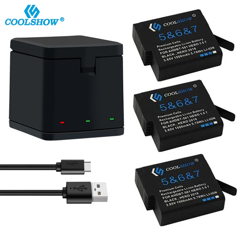 Batería de 1500mah para Gopro Hero 5, cargador de batería negro para Gopro Hero 7/6/5 baterías de Cámara de Acción Accesorios de Cámara