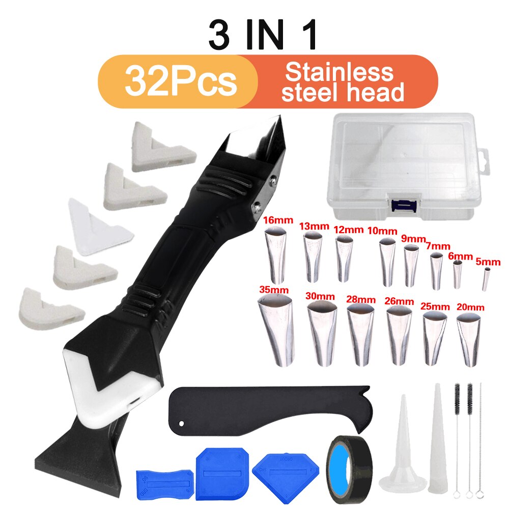 3 IN 1 Silicone Remover Caulk Finisher Peel Sealant Smooth Scraper Glass Glue Angle Scraper Tile Caulk Cleaner Angle Seam Shovel: 32Pcs Stainless Head
