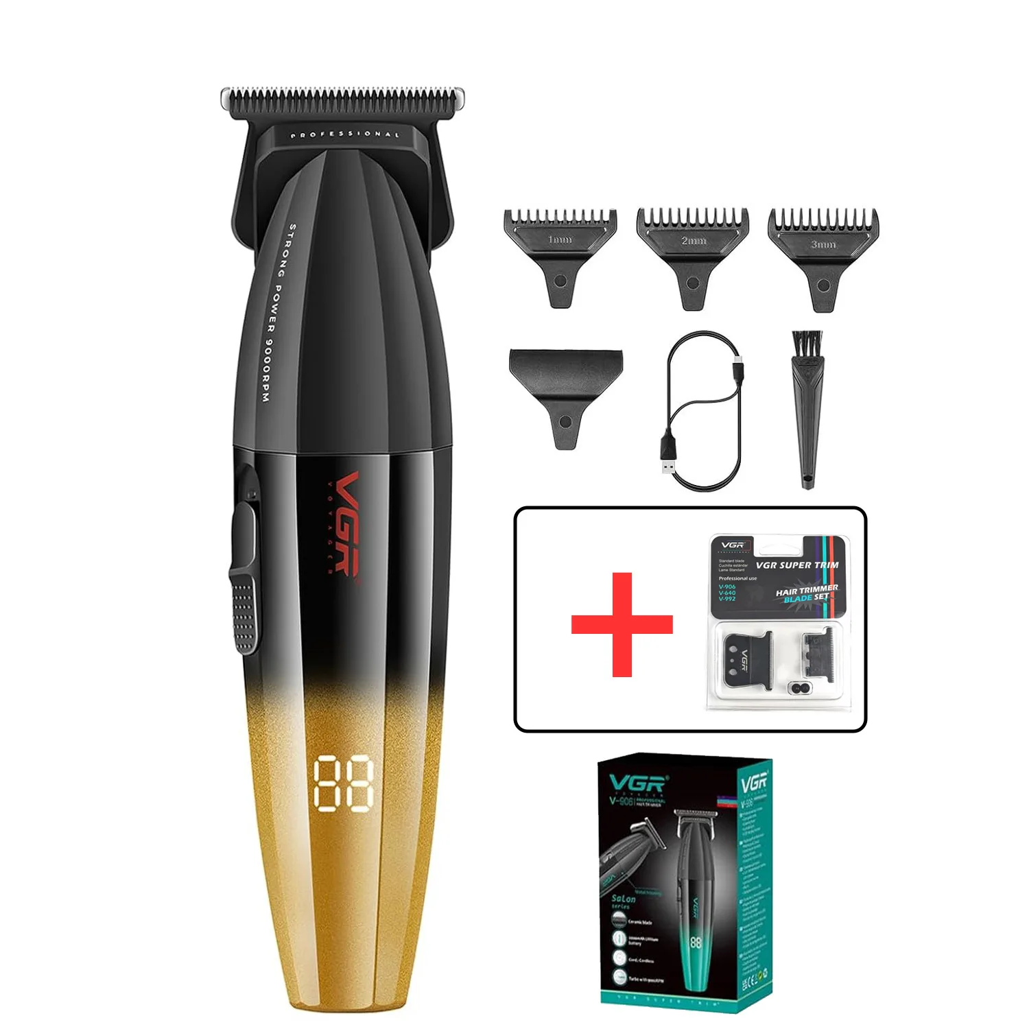 Vgr 003 906 profissional fade máquina de cortar cabelo sem fio aparadores para homens conjunto carga usb display led kit corte cabelo: Marfim