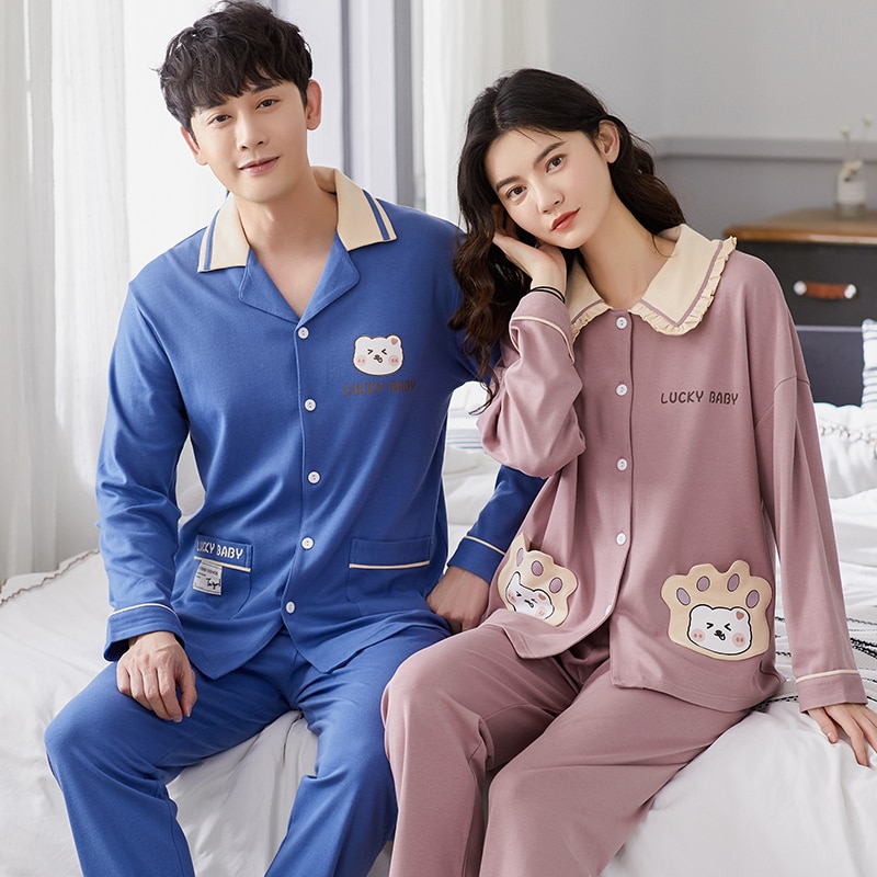 Autumn Winter Couple Pajamas Simple Gray Cotton Splicing Round Neck Long Sleeve Woman Sleepwear Loose Comfort Home Clothes Men's