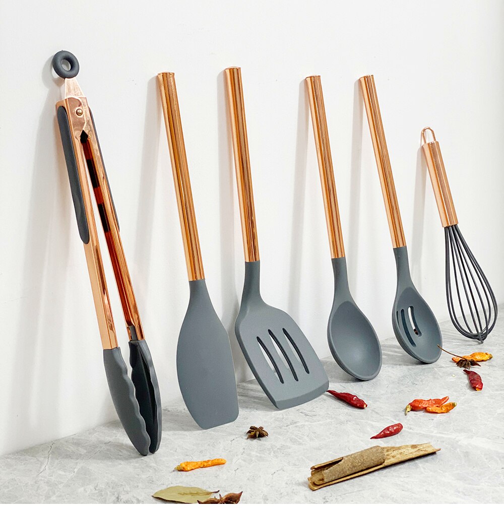 6/7 Pcs Silicone Kitchen Spatula Set,Cooking Utensils Sets with Rose Gold Handle Silicone Kitchen Tools Non-stick Kitchenware