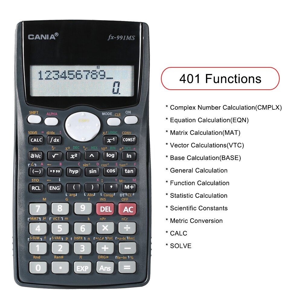 Scientific Calculator Counter 401 Functions Matrix Dot Vector Equation Calculate Solar and Battery Dual Powered 2 Line Display