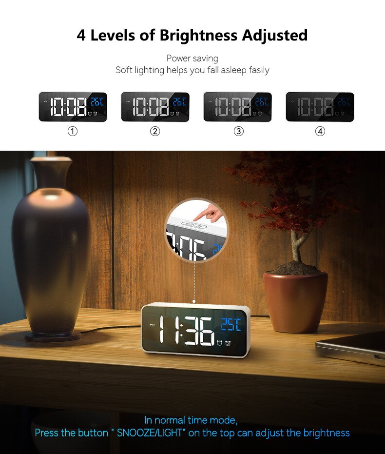 LED Mirror Alarm Clock Sound-Activated Clock Rechargeable Bedside Music Clock Stylish simplicity bed clocks home decor