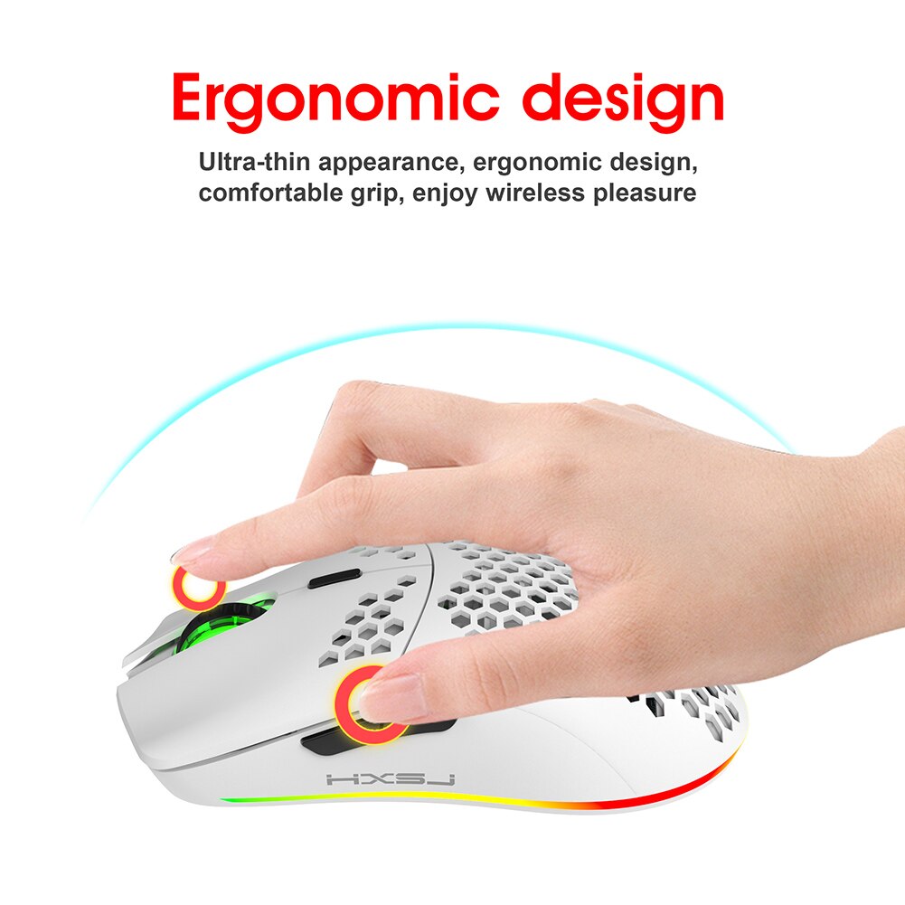 HXSJ T66 RGB Wireless Gaming Mouse Honeycomb Shell 7 Macro Programmable Buttons Rechargeable Optical Mice for PC Gamer Mouse