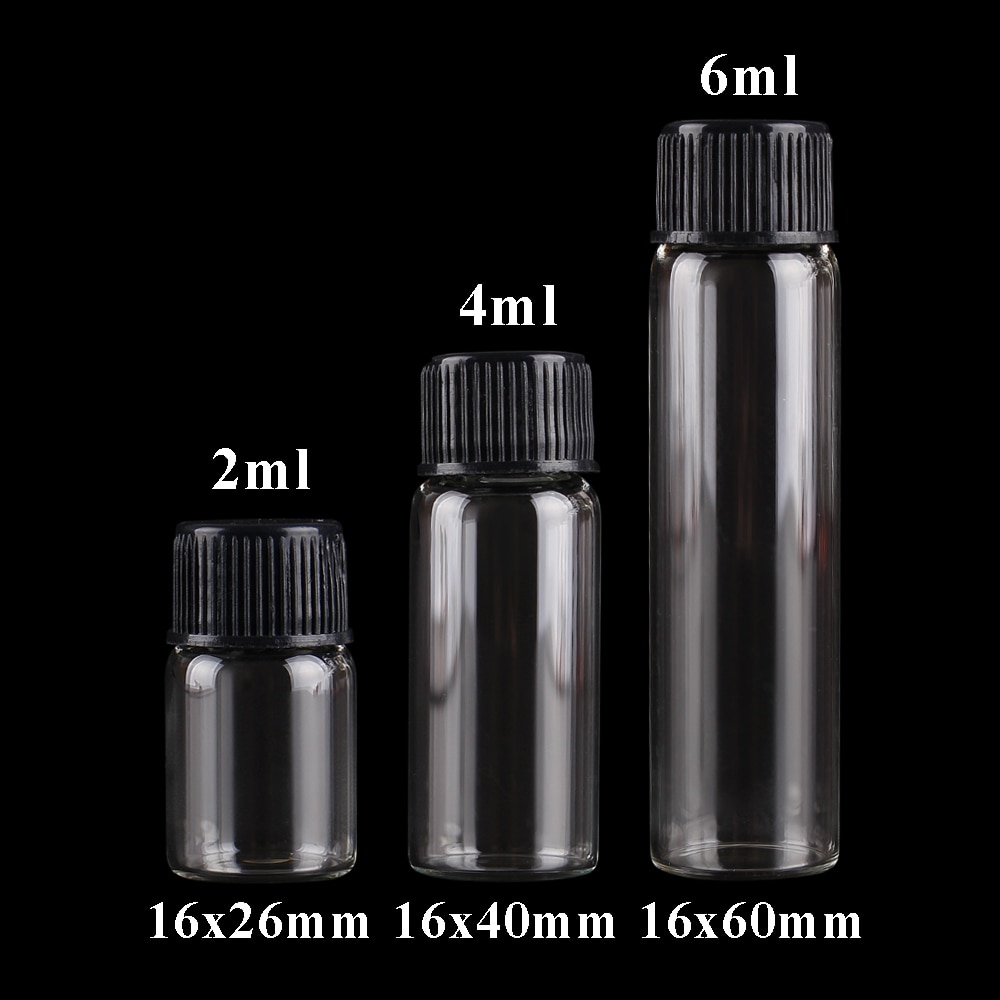 Bulk 100 stk diameter 16mm tomme glasflasker med sorte plastlåg 3 størrelser u-pick